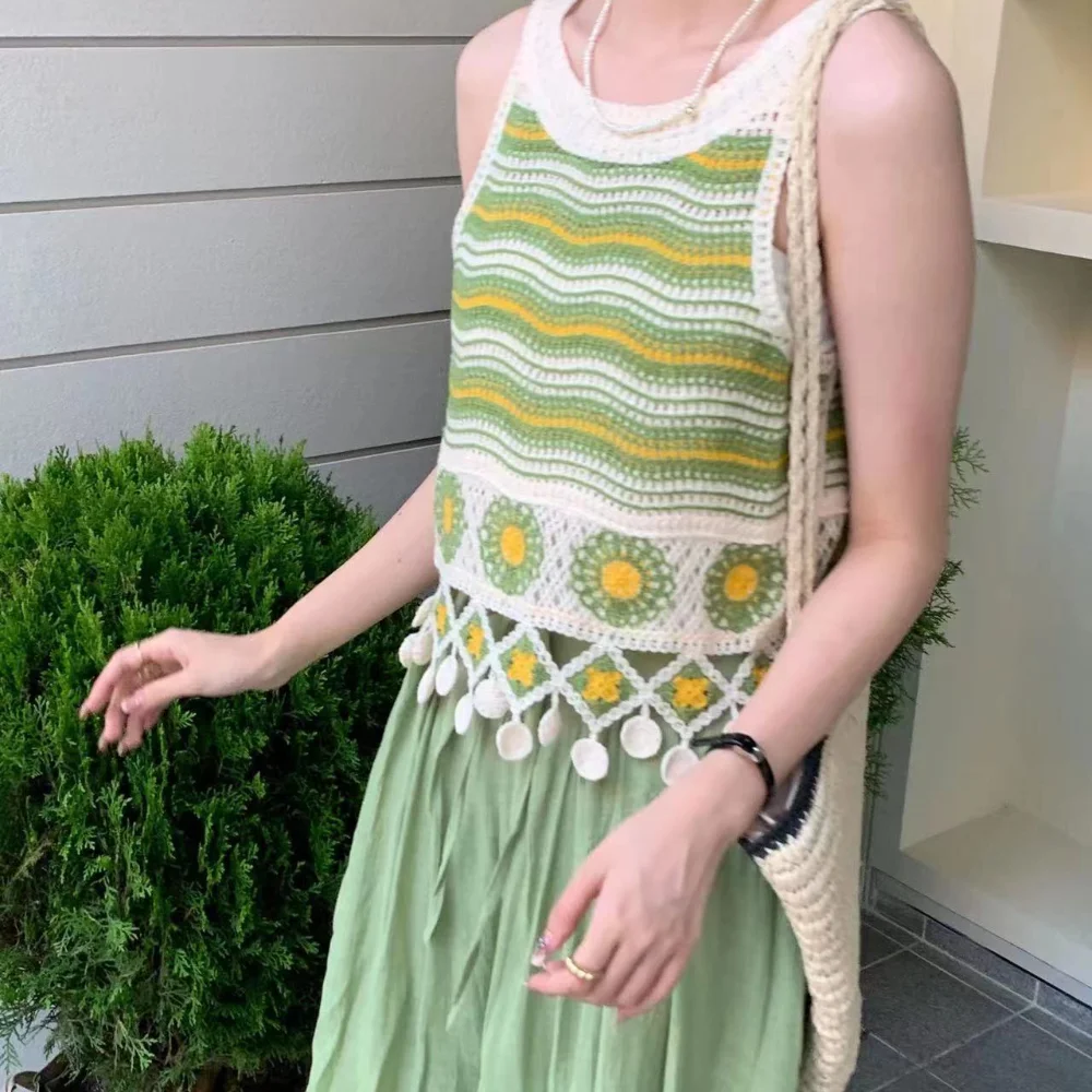 Cotton National Style Knitted Tank Top Vintage Striped Small Vest Sleeveless Tassel Camisole Summer