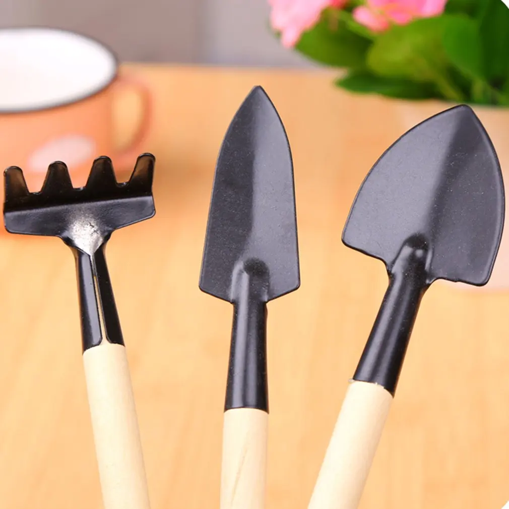 3Pcs Punho De Madeira Ferro Jardim Pá Rake Pá para Flores Vasos de Plantas Bonsai Mini Conjunto de Ferramentas de Jardinagem Cavando Capina