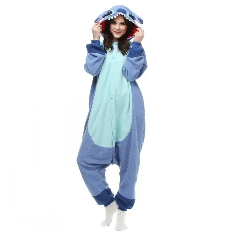 Disney Winter Plush Cartoon Cute Jumpsuit Pajamas Pink Angel Light Blue Stitch Couple Performance Dress Thickened Home Fury