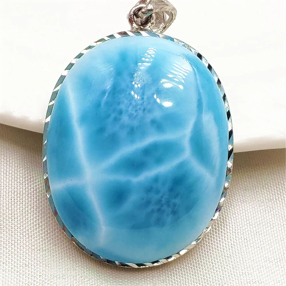 Natural Blue Larimar Oval Pendant 30x24x9m Women Men Larimar Necklace Bead Fashion Jewelry Gemstone AAAAAA