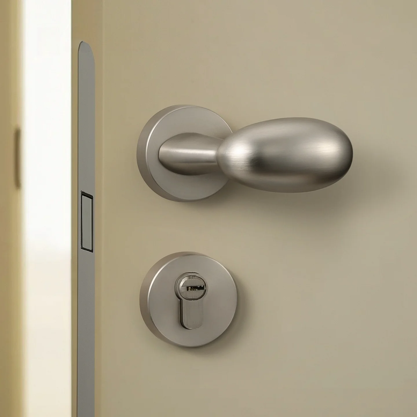 Simple Bright Chrome Bedroom Door Lock Goose Egg Shaped Design Brushed Silver Magnetic Silent Split Wooden Door Handle Lock