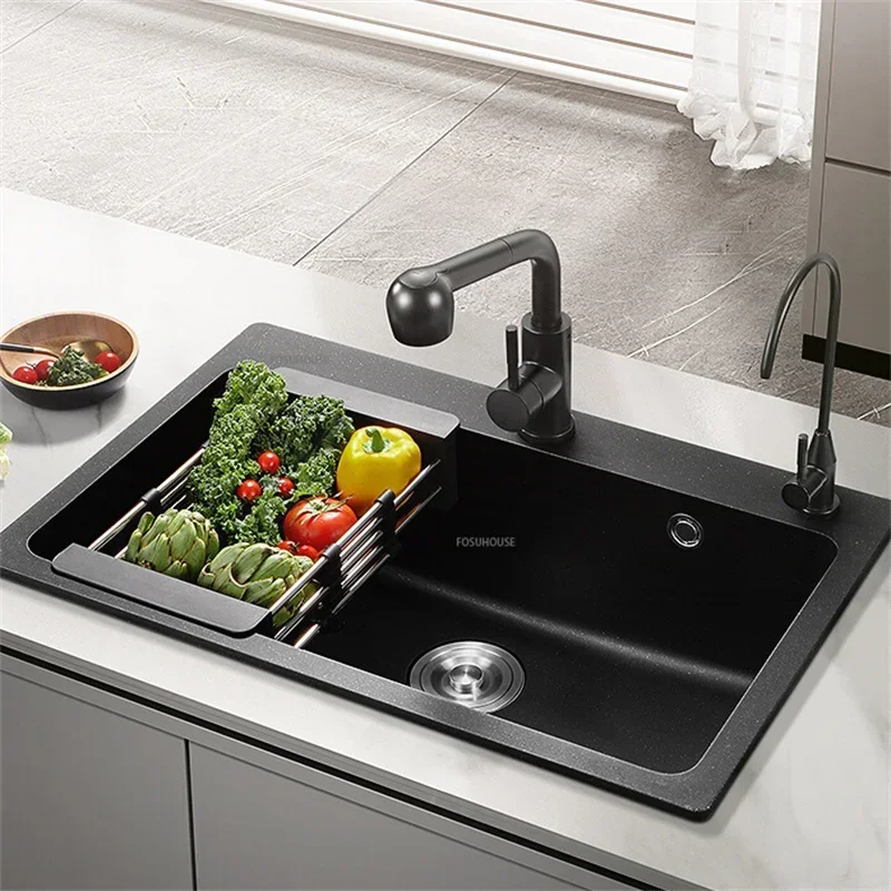 Household Kitchen Bar Sink With Drain Accessories Modern Black Granite Stone Kitchen Sink Bowl Home Improvement Kitchen Items