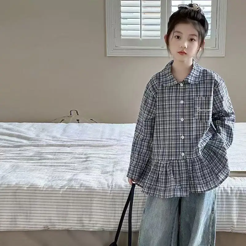 4-15 سنة الربيع والخريف الفتيات موضة منقوشة قميص 2026 النسخة الكورية الجديدة للأطفال عادية فضفاض كم طويل 110-170 سنتيمتر