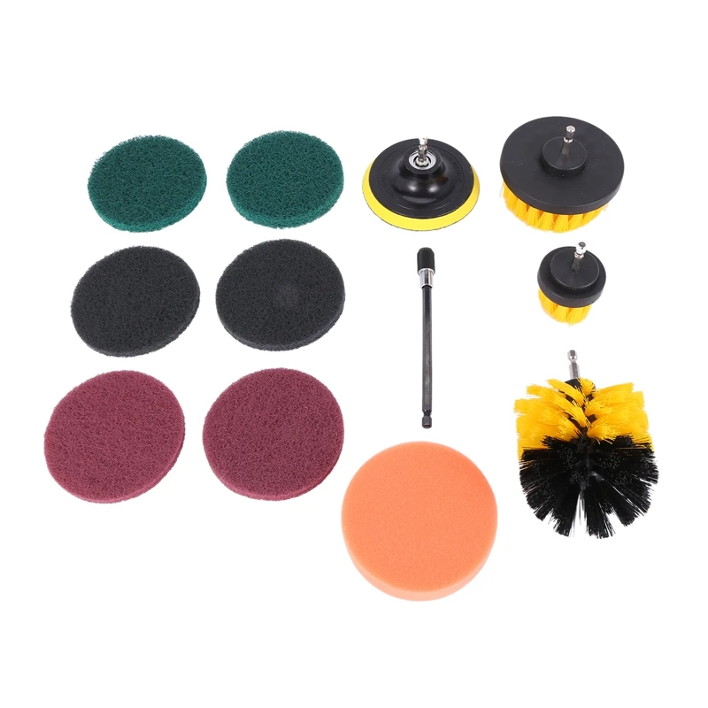 12 Piece Drill Brush Scrub Pads Power Scrubber Brush With Extended Long Attachment All Purpose-Cleaner Scrubbing Cordless Drill