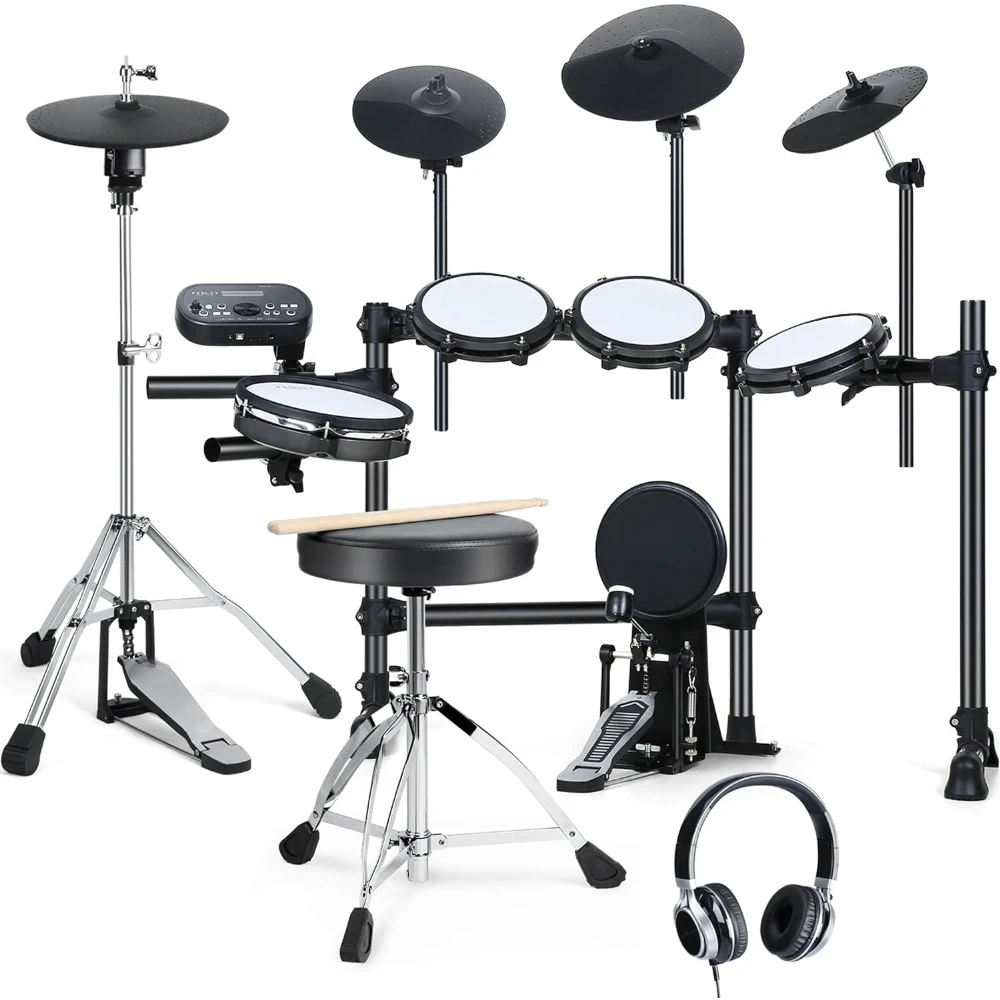 

Electric Drum Set, with 4 Quiet Mesh Drum Pads, Independent HiHat and Kick Drum Full Size Adult, 3 Cymbals with Choke