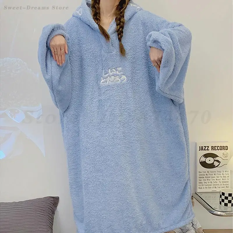 Oversize Loose Nightgown Hooded Nightdress Bathrobe Gown Women Thicken Coral Fleece Sleepwear Winter Homeclothes Cute Loungewear