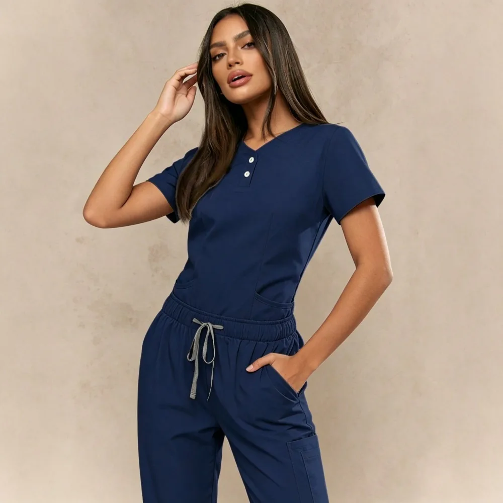 V Neck Short Sleeve Top with Decorative Buttons & Drawstring Jogger Pants, Loose Casual Working Uniform Set