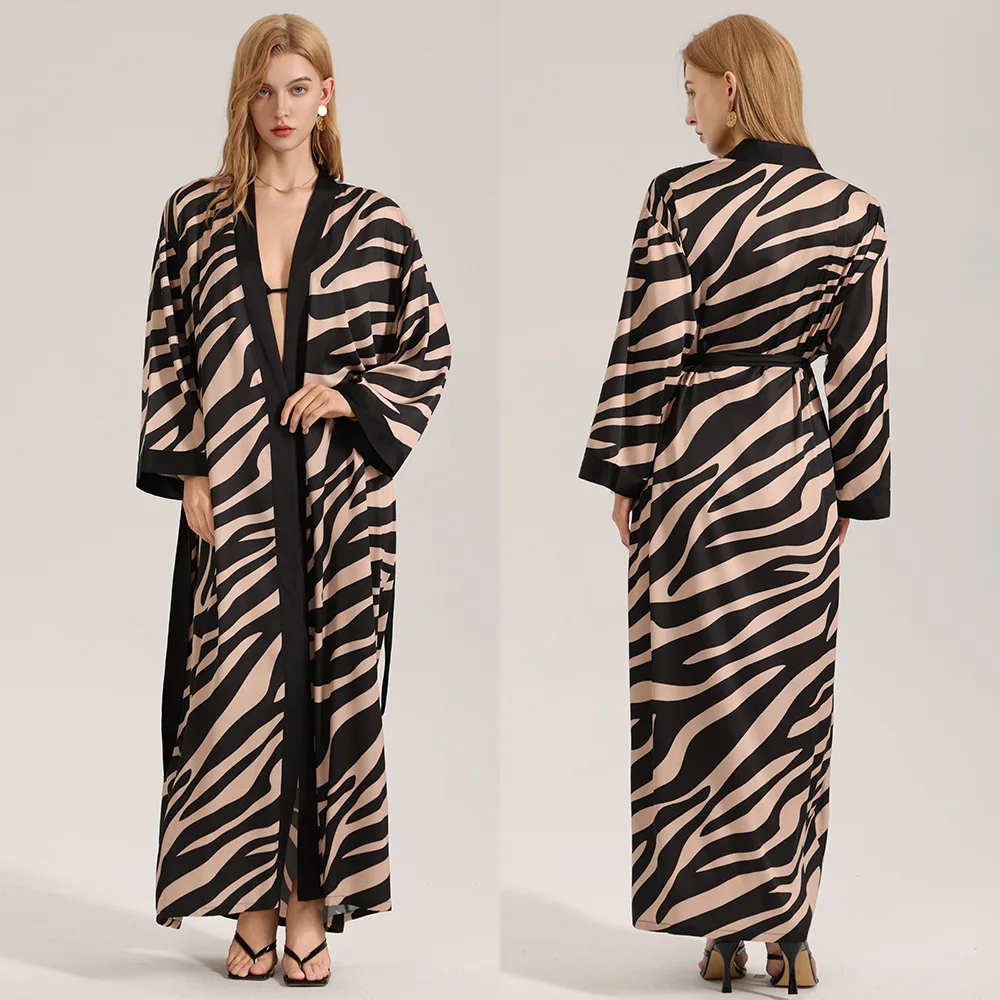 

Fashion Wildness Sexy Pearl Chiffon Nightgown for Women's Summer Long Sleeved Zebra Patterned Single Robe Long Skirt Home Wear