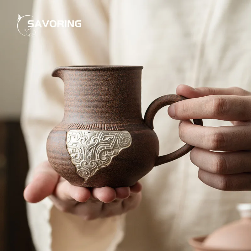 Handmade Old Clay Ceramic Chhai Tea Pitcher Sea Trace Silver Divide Tea Aesthetic Coarse Pottery Cha Hai Puer Tea Ceremony Tool