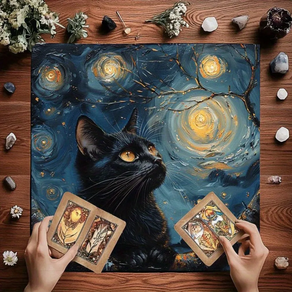Mantel de Altar de Tarot con Diseño de Gato Negro Noche Estrellada, Varios Tamaños, Impresión por Sublimación HD, Runa Mística, 100% Poliéster, Lavable a Máquina