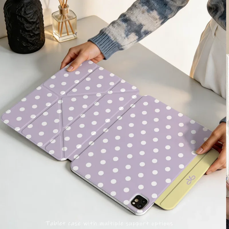 Milk Yellow Purple Polka Dot Cat Tablet Case For Magnetic iPad Pro 13 11th A16 12.9