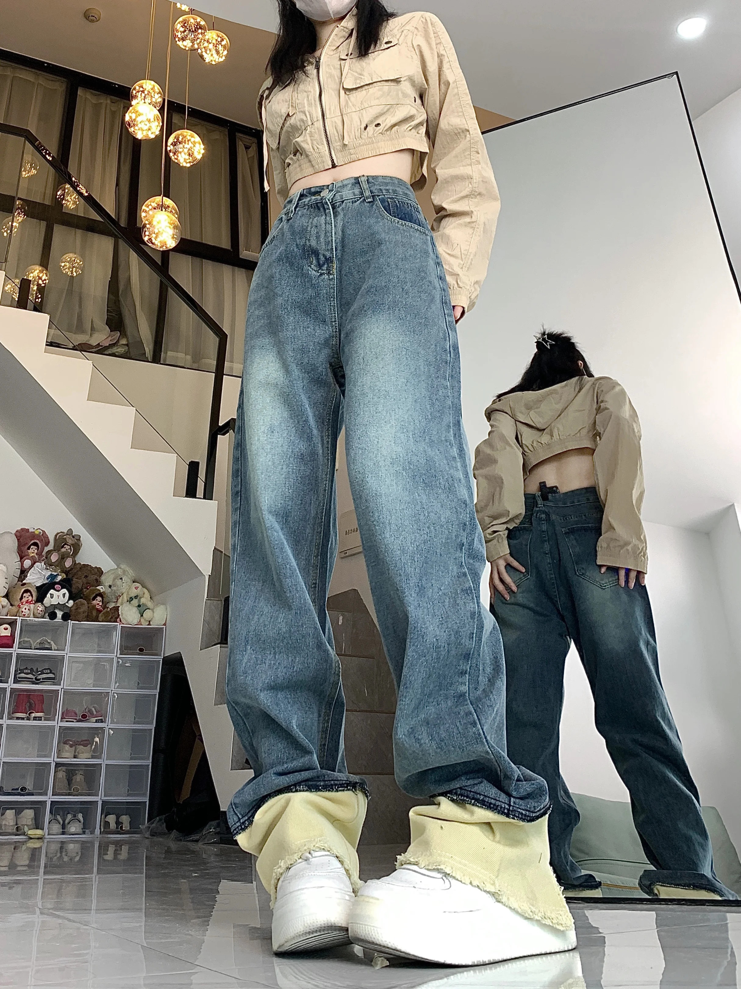 WCFCX STUDIO Women's High Waist Wide Leg Jeans Vintage Straight Leg Pants Fashionable Floor Mopping Jeans