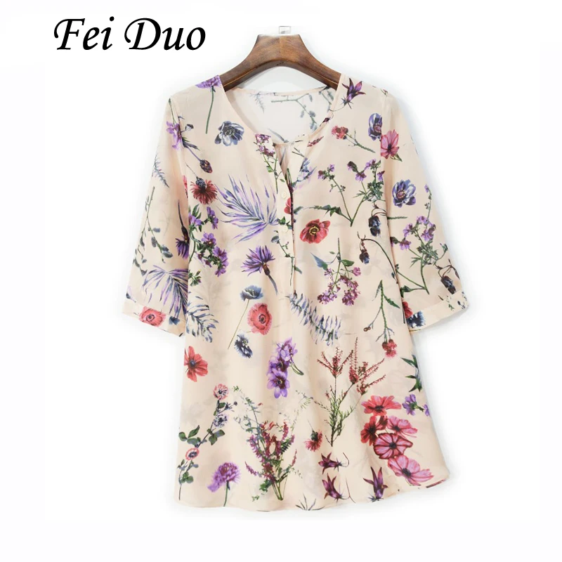 

2025 Women's Summer New 100% Natural Mulberry Silk Crepe De Chine V-neck Fashionable Loose Skin Pink Printed T-shirt