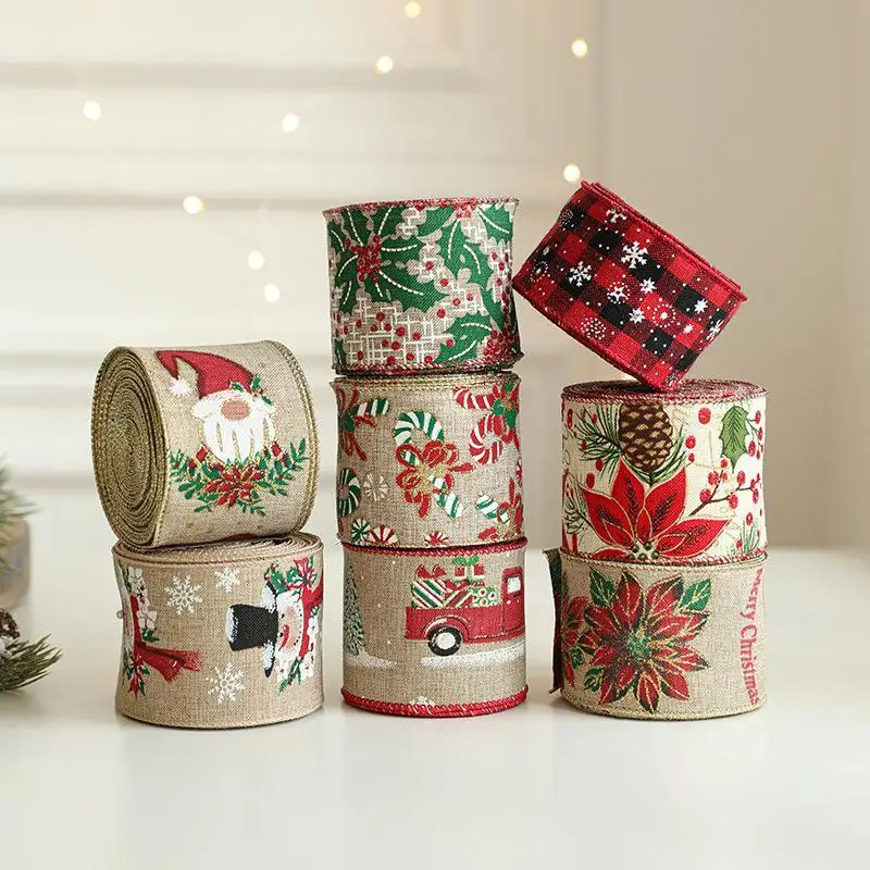 2M/Roll Linen Christmas Ribbon Xmas Tree Printed Gift Wrap Ribbon Snowman Handmade Gift Box Packing Strap New Year Gift