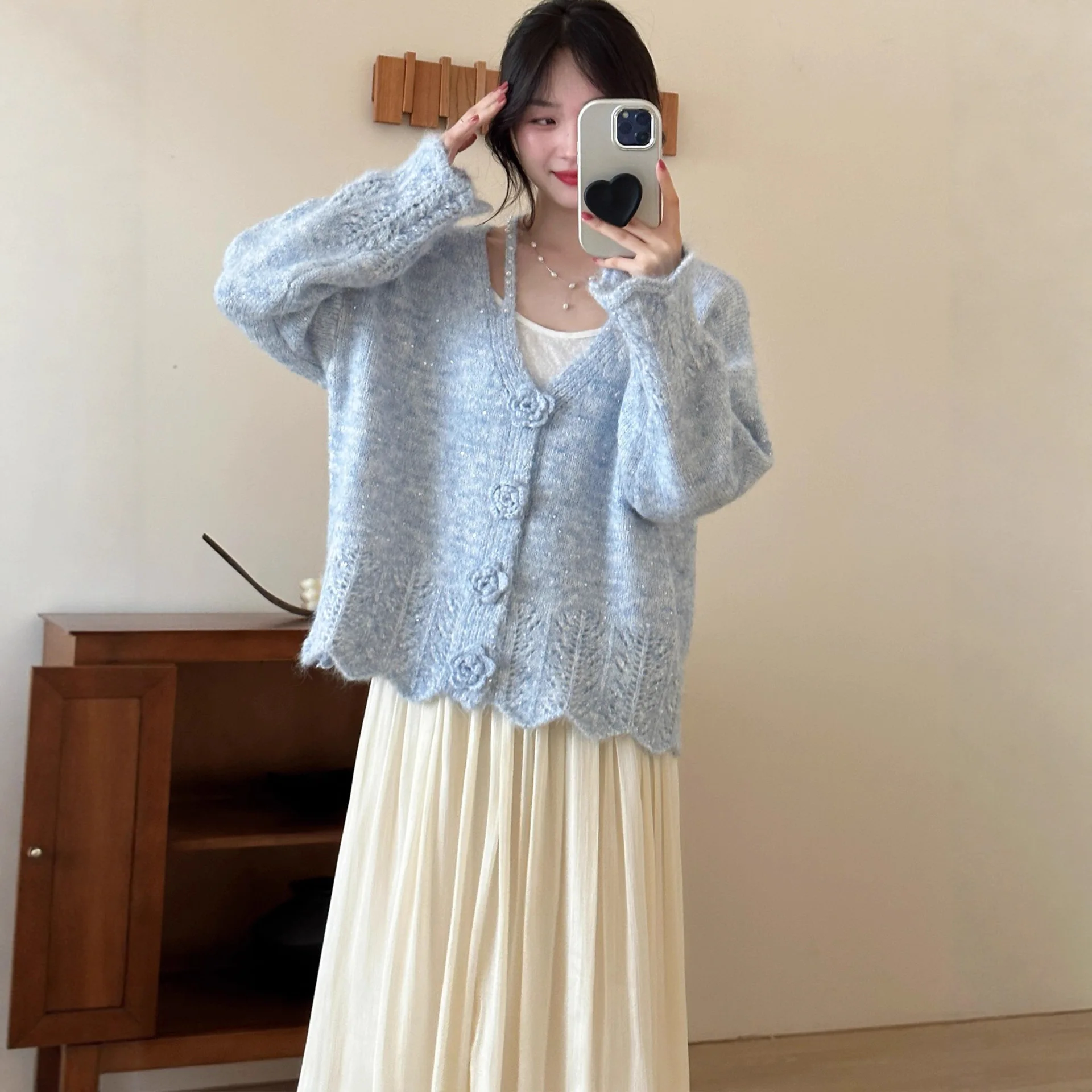 Vrouwen Gebreid Vest Casual Pailletten Truien 3D Bloem Kralen Lange Mouwen Loose Fit Dikke Open Stitch Office Lady 2025 Herfst