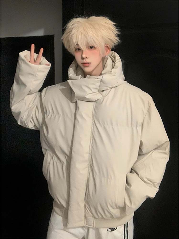 

American Sle Men's Winter Thiened Stand Collar Hooded down Cotton Jaet Bread Sle Coat PU Leather Khaki Couple's Clothes