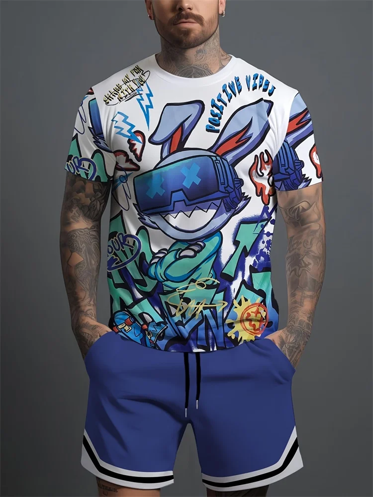 

Fashion Interesting Cartoon 3D Printed Men's Round Neck Short Sleeve 2pcs Suit Urban Street Trend Men's Short Sleeve Casual Tops