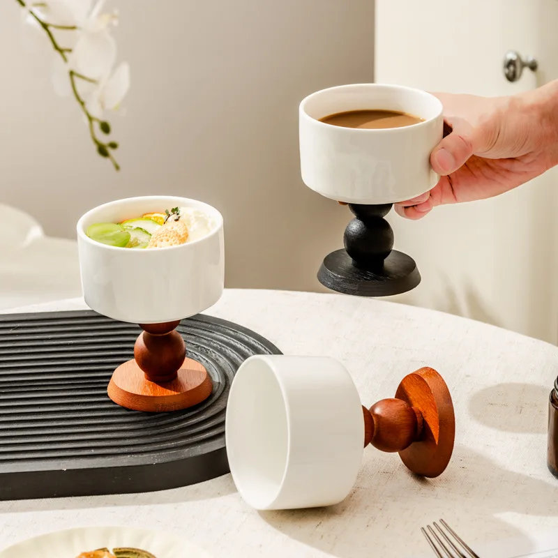 Vintage Ceramic High Footed Cups, French Ice Cream Cup, Pudding Dessert Bowl, Household Wooden Foot Candle Stand, Coffee Mug