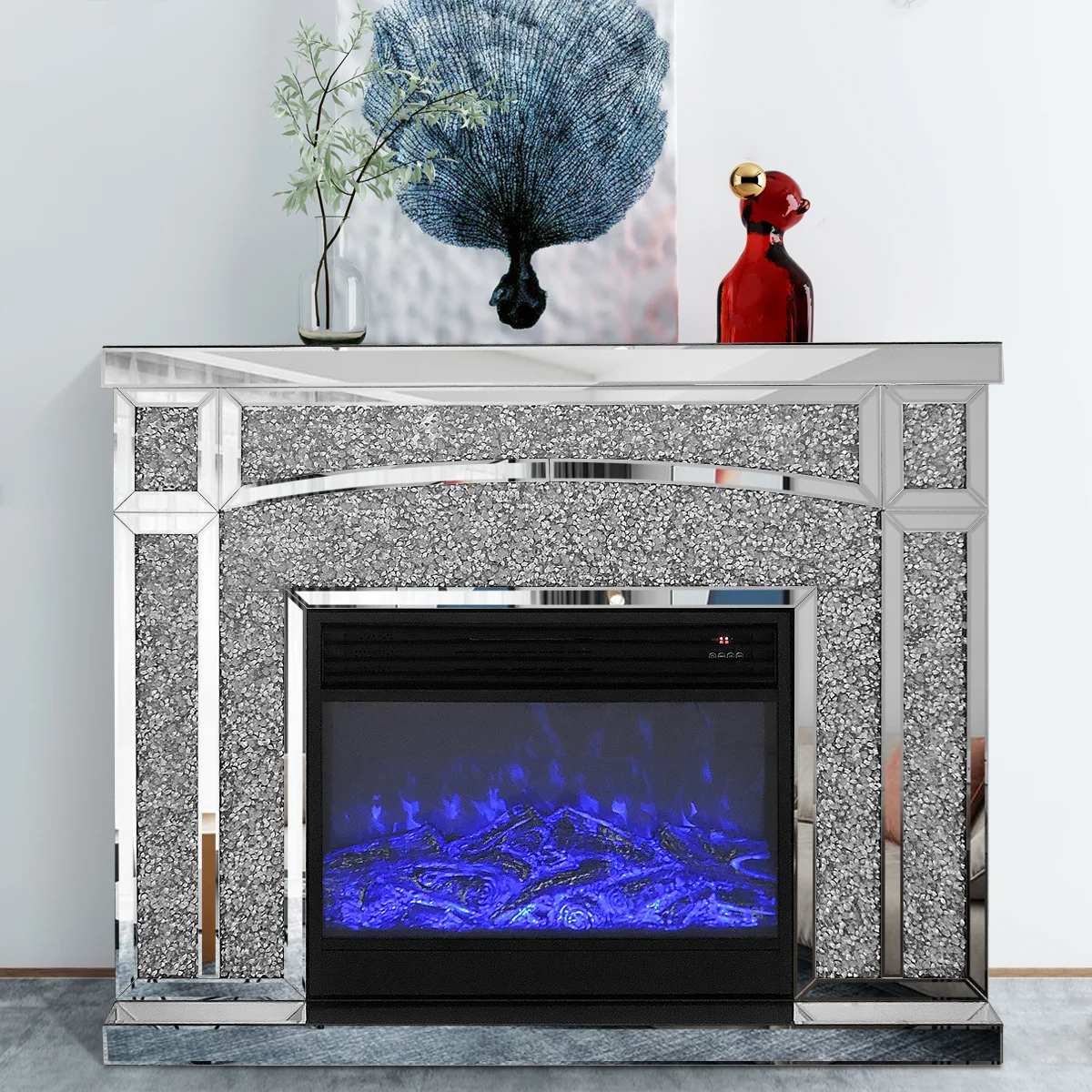 Luxury Indoor Silver Crushed Diamond Crystal White Mirrored Glass Fireplace Living Room Fireplace Kamin Cheminee Chimenea Hogar