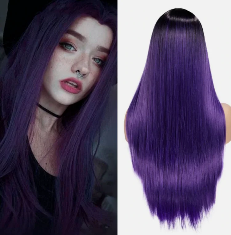 Long Straight Wigs Dark Purple Ombre Color 4X2 Lace Front Wigs Halloween Party