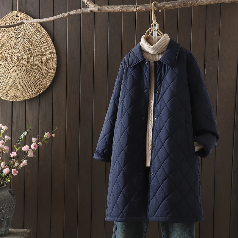Artistic Korean Style Women's Cotton Jacket Square Collar Patchwork Diamond Pattern Thickened Mid-Length Autumn Winter Coat