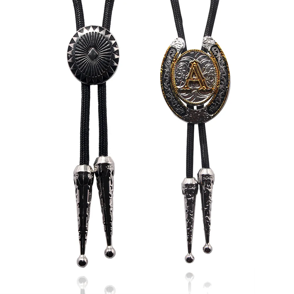 New Trendy Round Bolo Tie Necklace Popular Western Cowboy Star Necklaces Dance Necktie Retro Shirt Imitation Obsidian Pendant