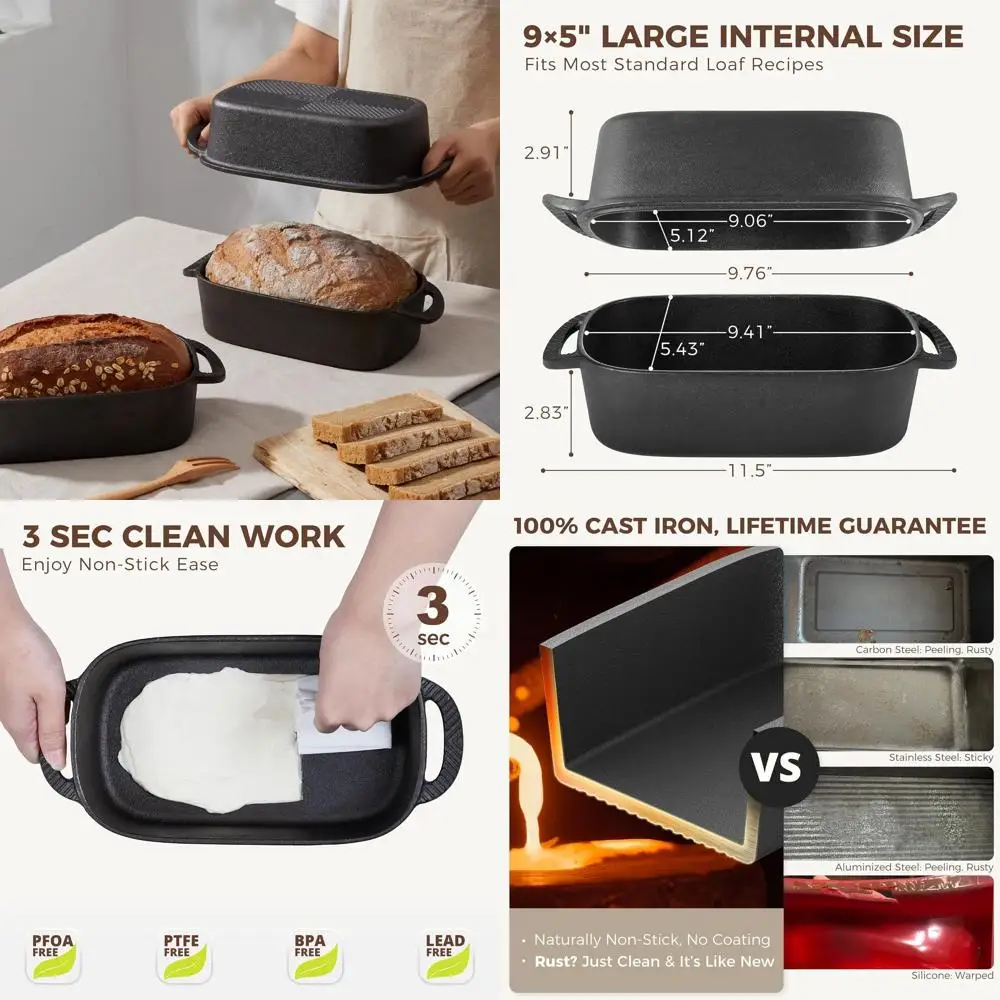 

Dual-Purpose Cast Iron Bread Pan with Lid, 9x5 Size, Pre-Seasoned for Nonstick Baking, Ideal for Sourdough and More