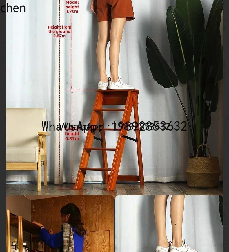 

Solid Wood Household Folding Ladder Multi-Functional Indoor Flower Stand Climbing Five-Step Staircase