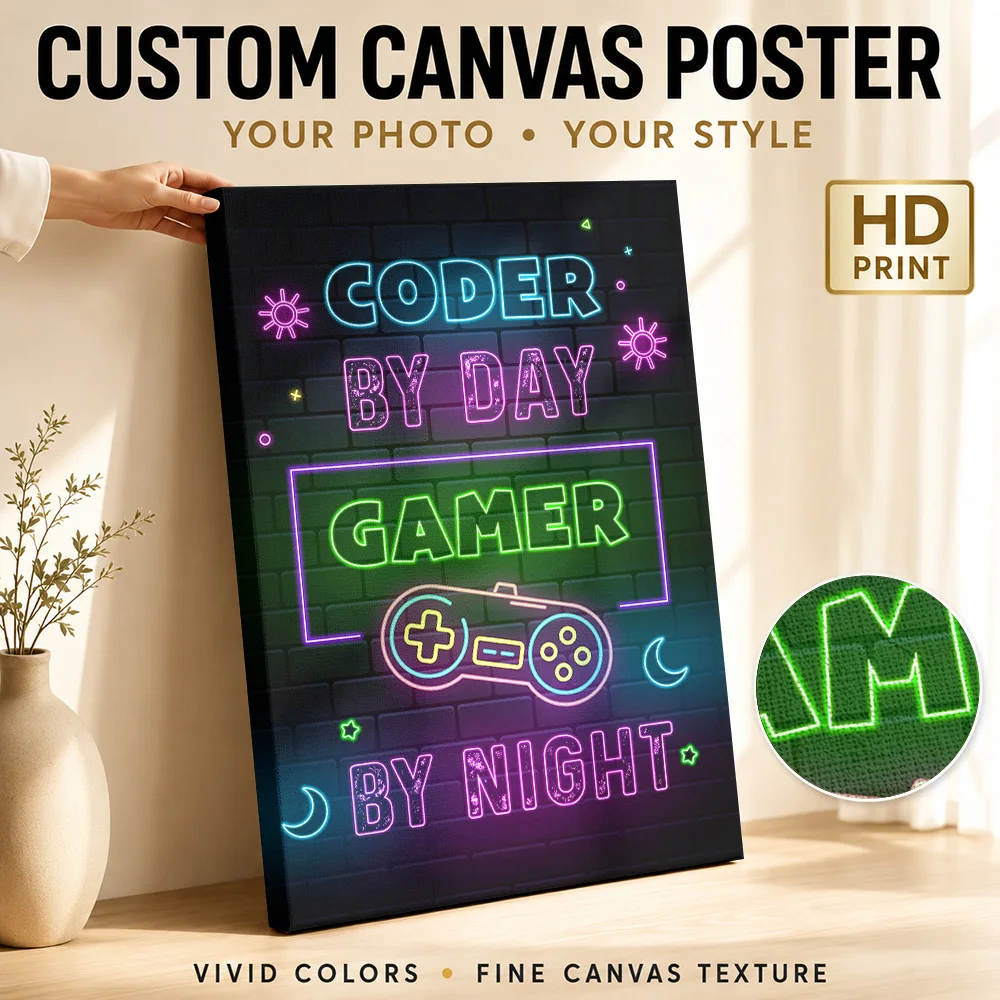 Coder Day Gamer Night Framed Canvas Print Posters Cyberpunk Style Wall Art With Personalized Photo For Study Ideal Birthday Gift