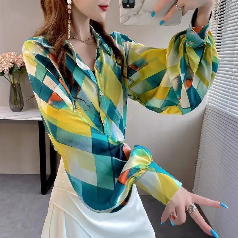 Women\'s Summer New Blouses Fashion Chic Printed Plaid Polo Collar Loose Original Design Lantern Sleeves Single-breasted Shirts