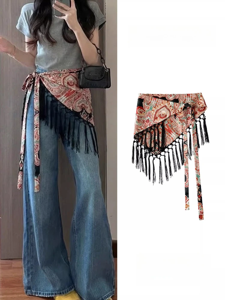 Stylish Fringe Printed Triangle Waist Scarf Belt for Women, Spring Summer Layering Hip Scarf Pinafore Decorative Waist Accessory