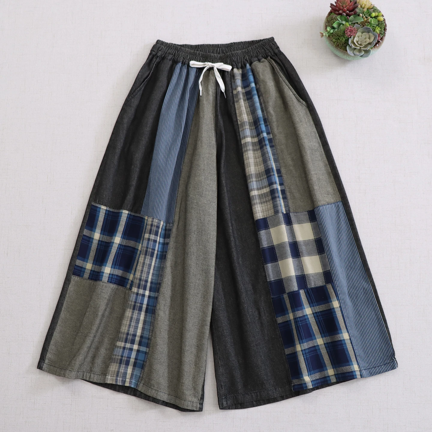 

Японские винтажные джинсовые широкие брюки Mori Girl в клетку в стиле пэчворк, женские осенние повседневные свободные джинсы с эластичной резинкой на талии, прямые брюки