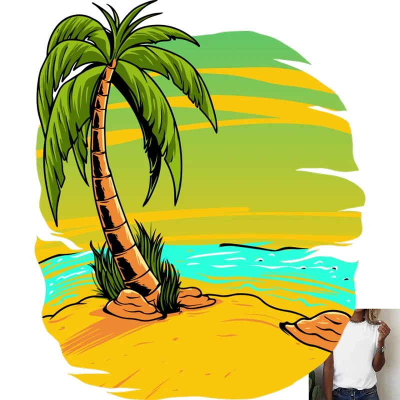 Tropical Beach Coconut Tree Heat Transfer White Ink Iron - on Patch, Suitable for T - Shirts/Canvas Bags/Clothing, Vacation
