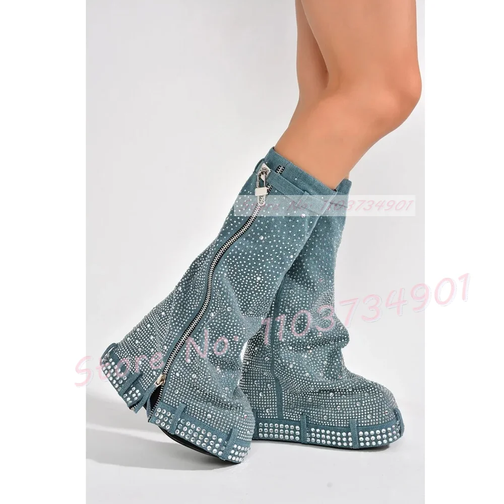 Crystals Zip Foldover Boots Lady Metal Lock Mid Calf Platform Thick Sole Shoes Women Denim Round Toe Trendy Nifty Big Size Boots