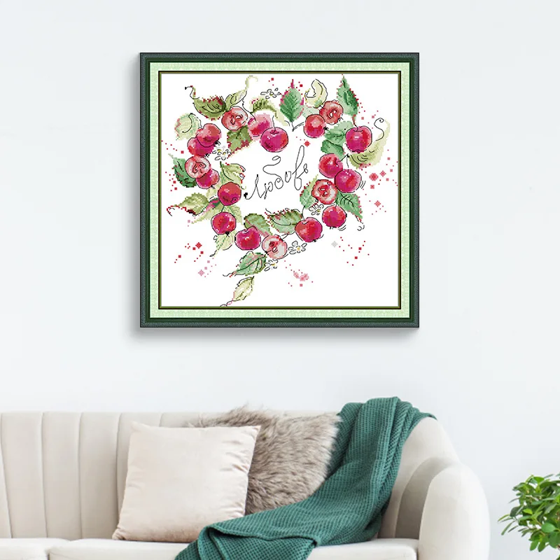 

Soulgift New Pre-Printed Cross Stitch Kit, Stamped 9CT/11CT/14CT/16CT DMC Threads, Embroidery Kit - An Apple Wreath