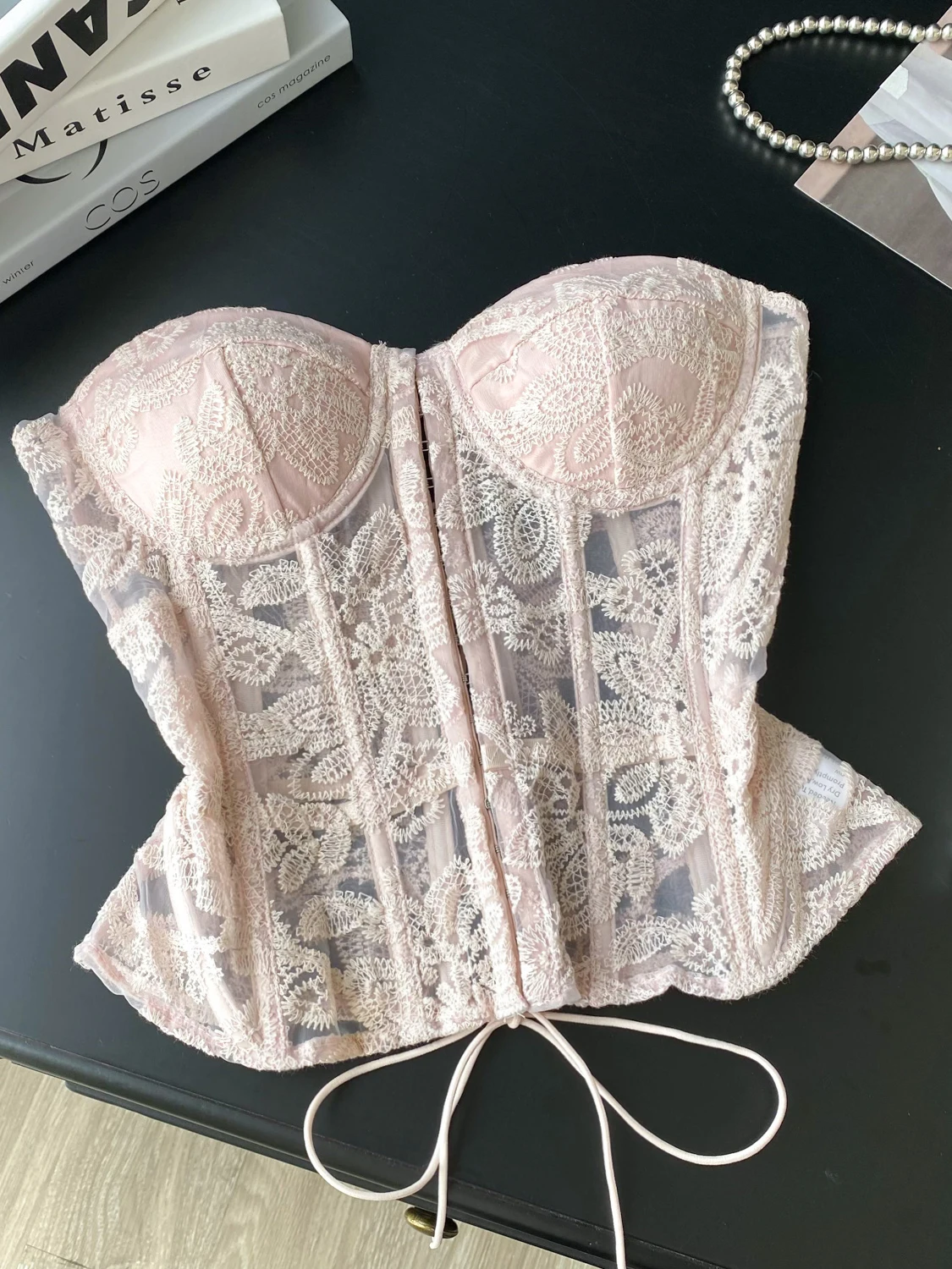 

Foamlina Women Summer Elegant Pink Strapless Sleeveless Floral Lace Corset Top Spicy Gilrs Sexy Hollow Fishbone Bandage Tube Top