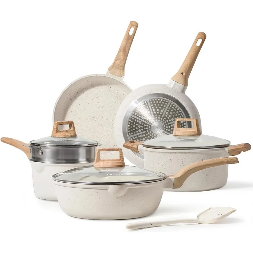 

2024 New Pots and Pans Set Nonstick, White Granite Induction Kitchen Cookware Set, 10 Pcs Non Stick Cooking Set