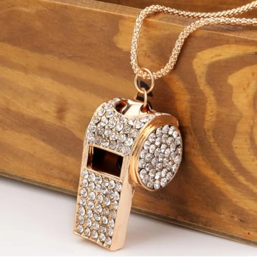 นกหวีด 2 ชิ้น พร้อมพวงกุญแจคริสตัลประดับเพชร นกหวีดโลหะโซ่ยาว ชุบทอง นกหวีดเงางามสำหรับโค้ช ผู้ตัดสิน