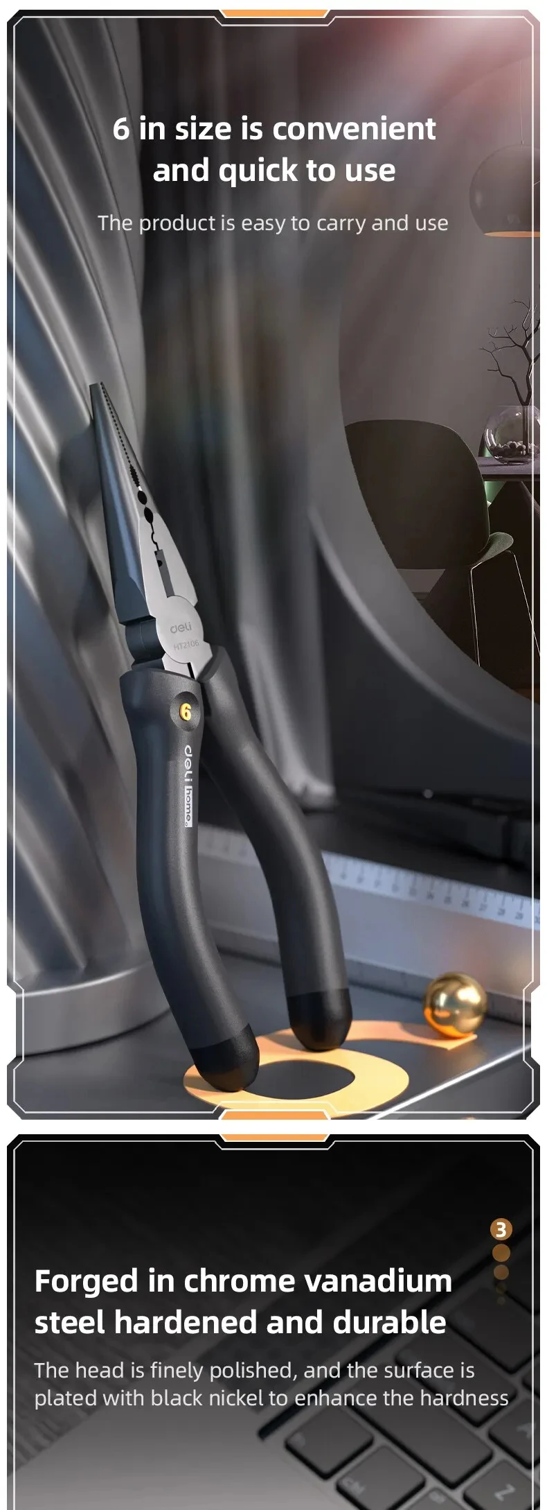 Deli 6 Zoll Multifunktions-Langspitzzange mit schwarzem Griff zum Schneiden, Klemmen und Abisolieren, Elektriker-Reparatur-Handwerkzeug – Detail 4