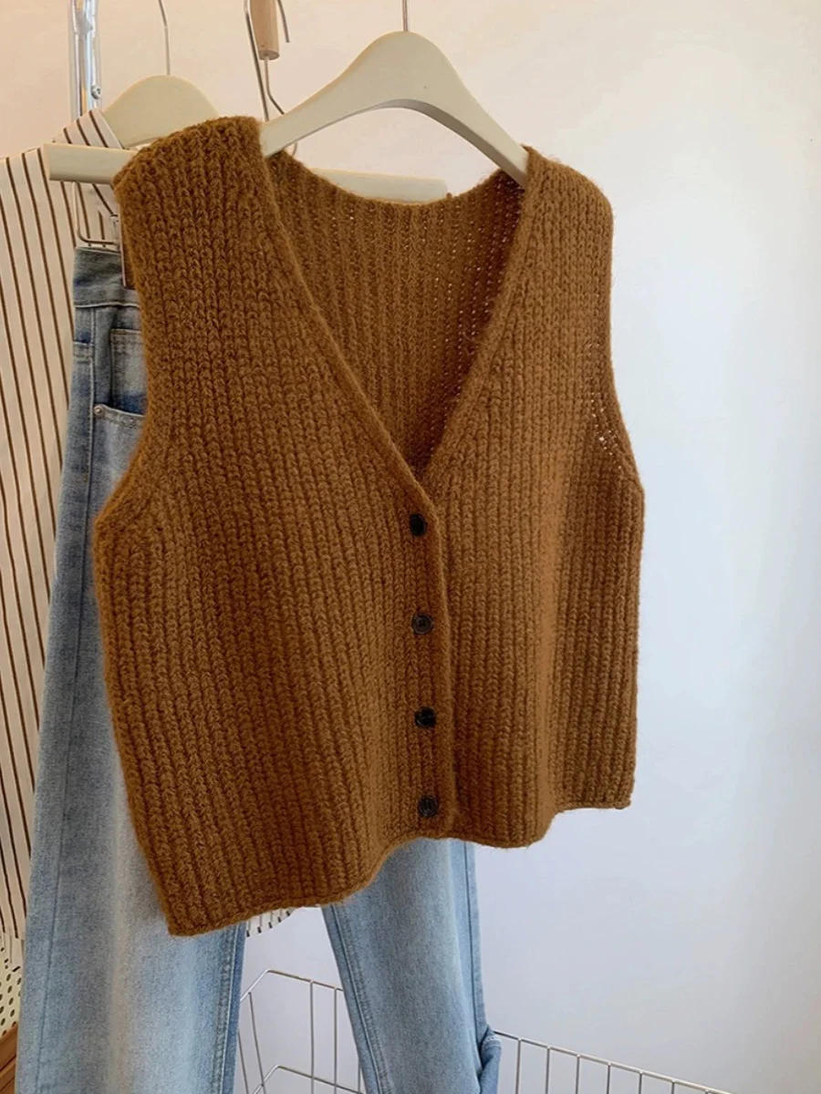 Sweter bez rękawów z dzianiny w kształcie litery V, damski, jesienno-zimowy, uniwersalny, swobodny kardigan, modna odzież wierzchnia do noszenia warstwowo.