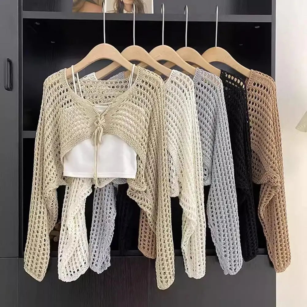 

SummerY2k Sun Protection Cardigan Women' Clothing Thin Crop Tops Bandage Long Sleeve Blouse Cape Femme Korean Sweater
