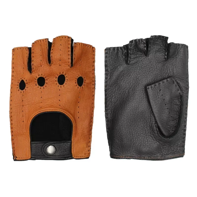 Gants demi-doigts en peau de chèvre pour hommes, cuir véritable, gants de couture à la main, demi-doigt, peau de mouton, hommes, cyclisme, conduite,