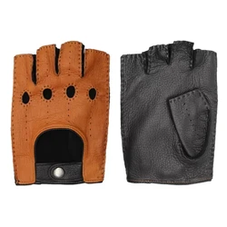 Men Semi-Finger Goatskin Gloves Fingerless Cycling Driving Real Leather Hand Sewing Gloves Male Half Finger Sheepskin LSH03