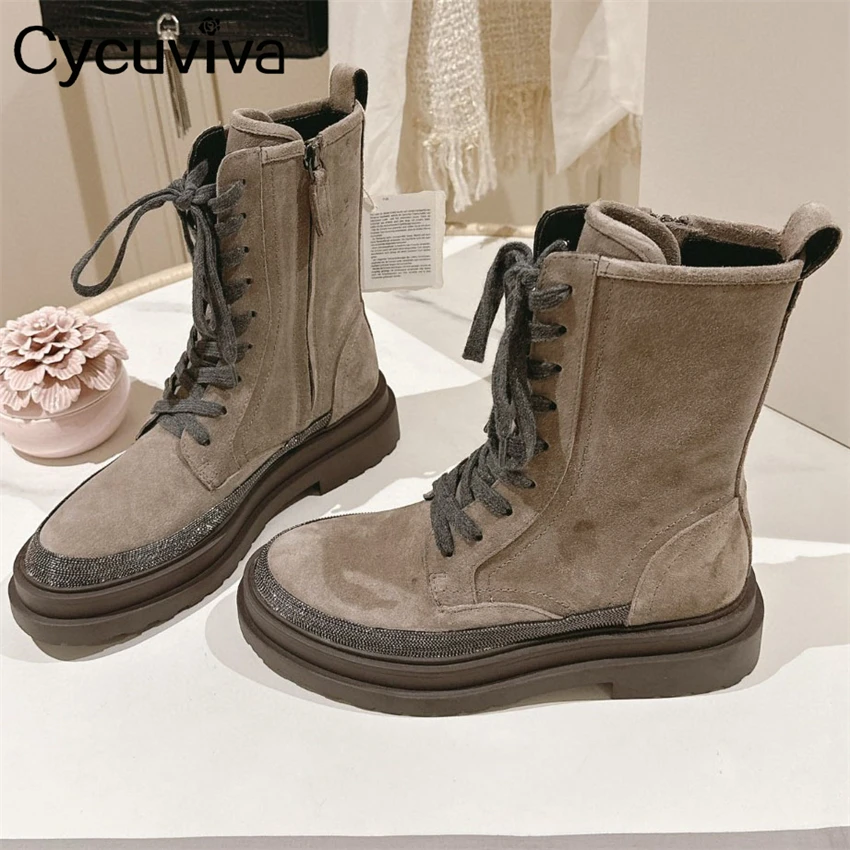 

Suede Leather Lace Up Chelsea Boots Platform Flat Mid Calf Short Boots For Women Shoes Autumn Flat Knight Boots Women