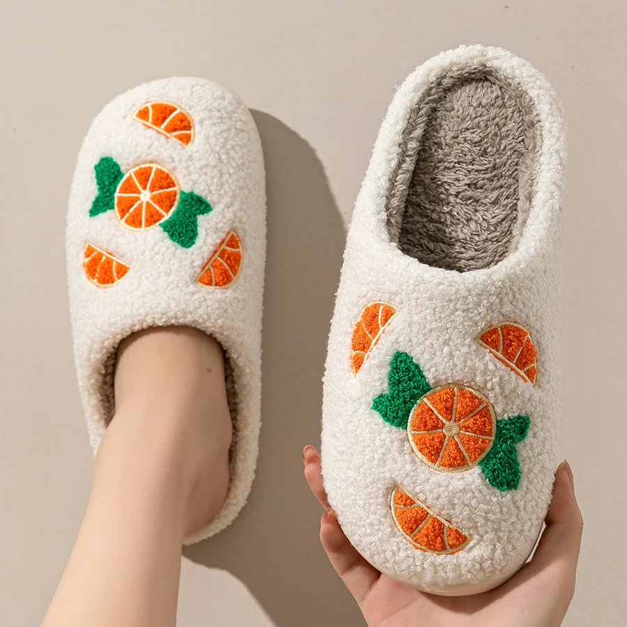 الترفيه المنزل غامض الفاكهة الكرتون المرأة النعال البرتقال نمط الشتاء داخلي دافئ مريح لطيف غرفة نوم الأزواج لينة وحيد الأحذية