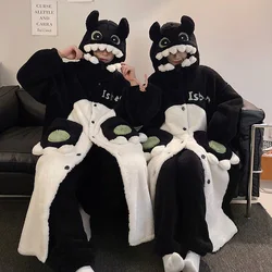 Winter Men Women Night-robe Kawaii Animal Sleepwear Sweethearts Plush Soft Warm Hooded Long Nightgown with Pants Pajamas Suits