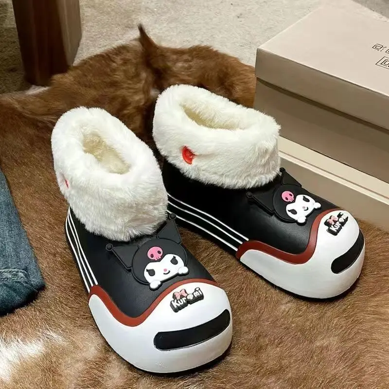 Sanrio Cartoon Kuromi Cute Plush Rain Shoes Women Plush Warm Versatile Fashion Outdoor Women Shoes Pink Short Barrel Rain Boots