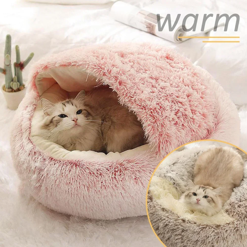 

Beds Cat Kennel Puppy Small Dog Winter House Kitten Warm Accessories for Plush Bed Fleece Hooded Semi-close Cave