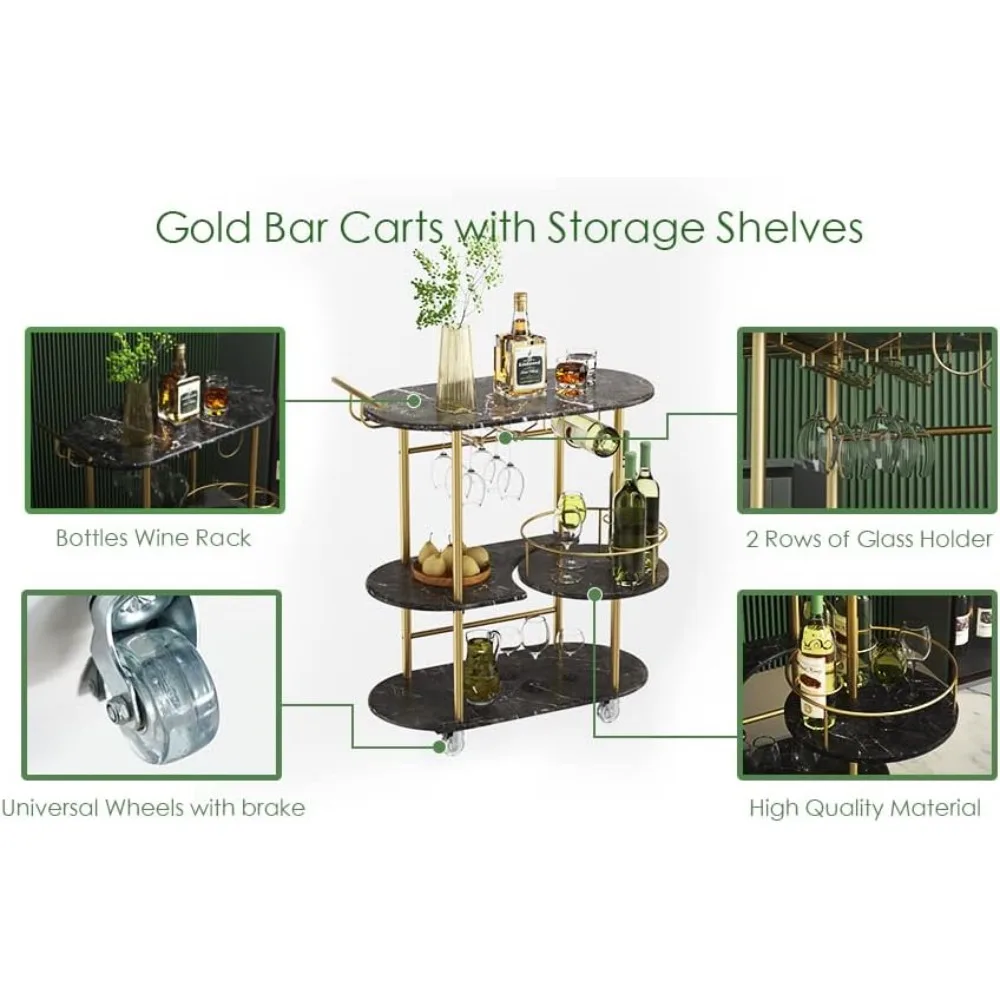 Bar trolley with 4 tiers of storage shelves, mobile bar service trolley with wine rack and glass rack for home, kitchen