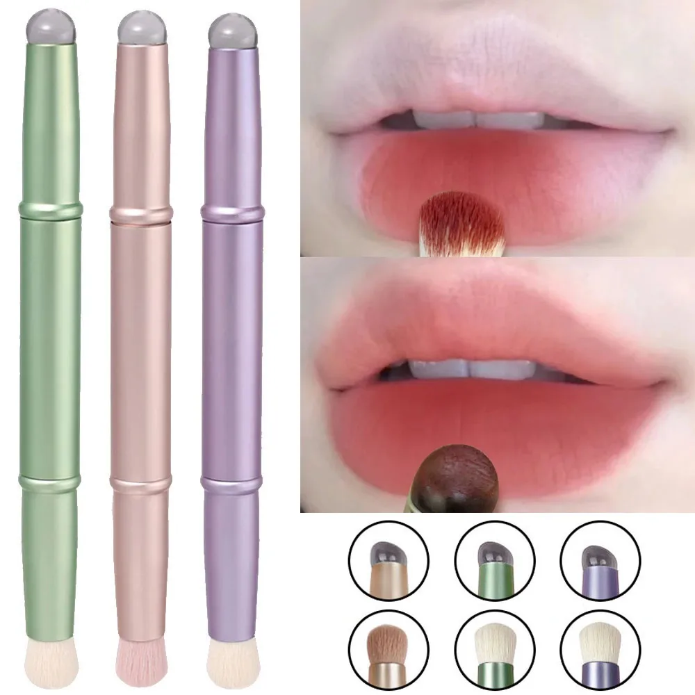 2 Head Silicone Lip Brush With Cover Portable Lipstick Applicator Soft Fur Foundation Brush Round Head Dustproof Makeup Brush